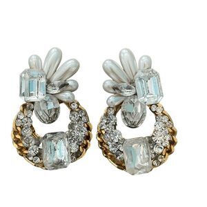 Vintage 80s Rhinestone Statement Earrings Gold Tone Metal Faux Pearls Clip On